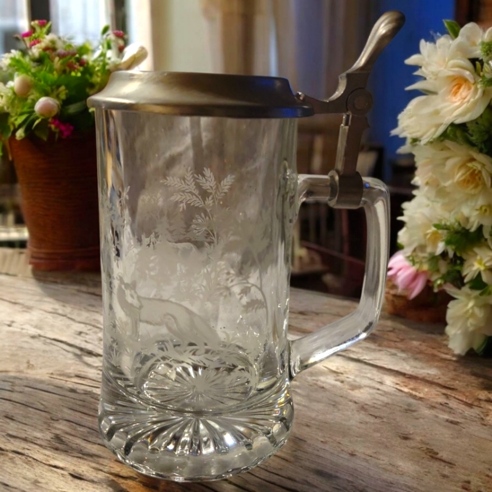 Vtg Alwe ART Beer Mug Glass Stein Tin Hinged Lid Fox Engraved Tankard